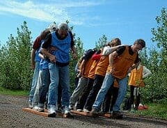 two groups of teams on long skies for team building activity